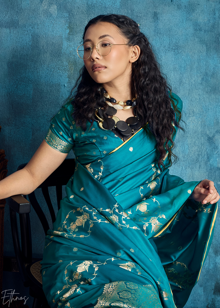 Teal Blue Floral Brocade Satin Silk Saree