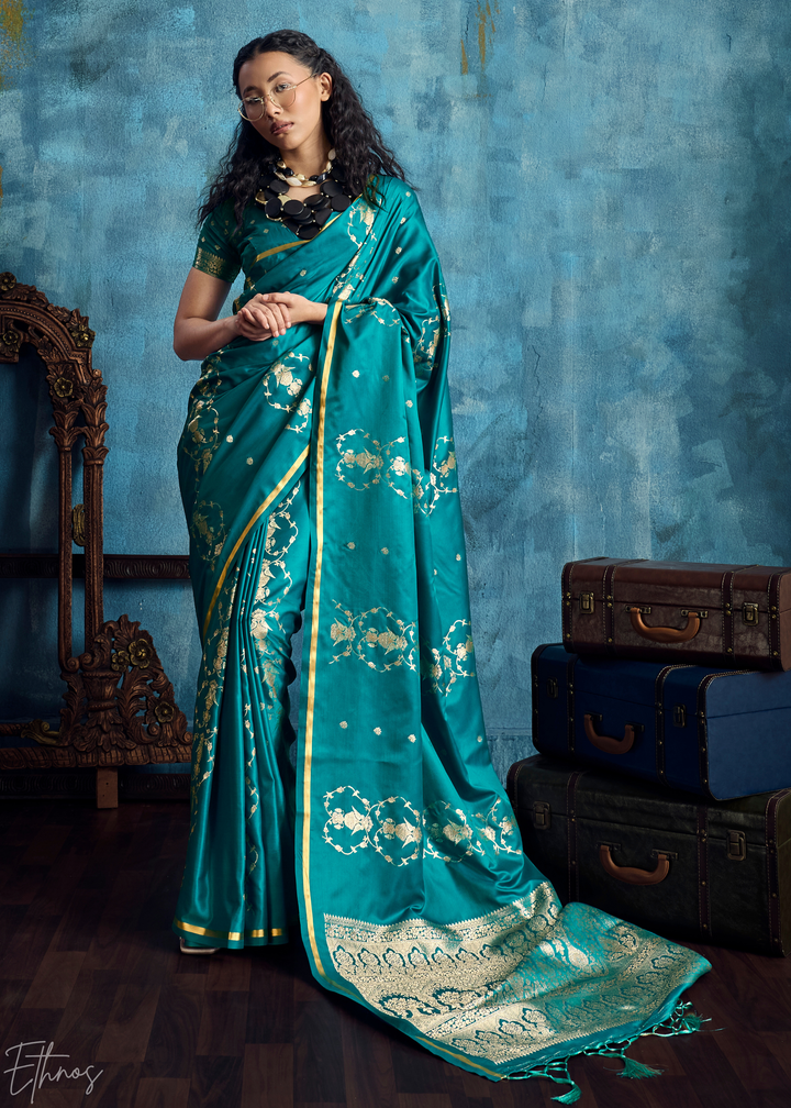 Teal Blue Floral Brocade Satin Silk Saree