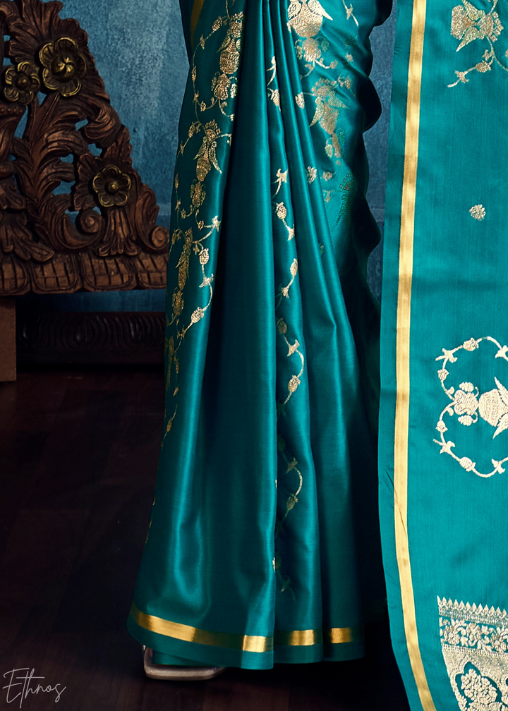 Teal Blue Floral Brocade Satin Silk Saree