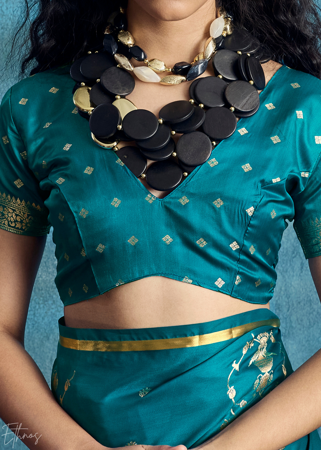 Teal Blue Floral Brocade Satin Silk Saree