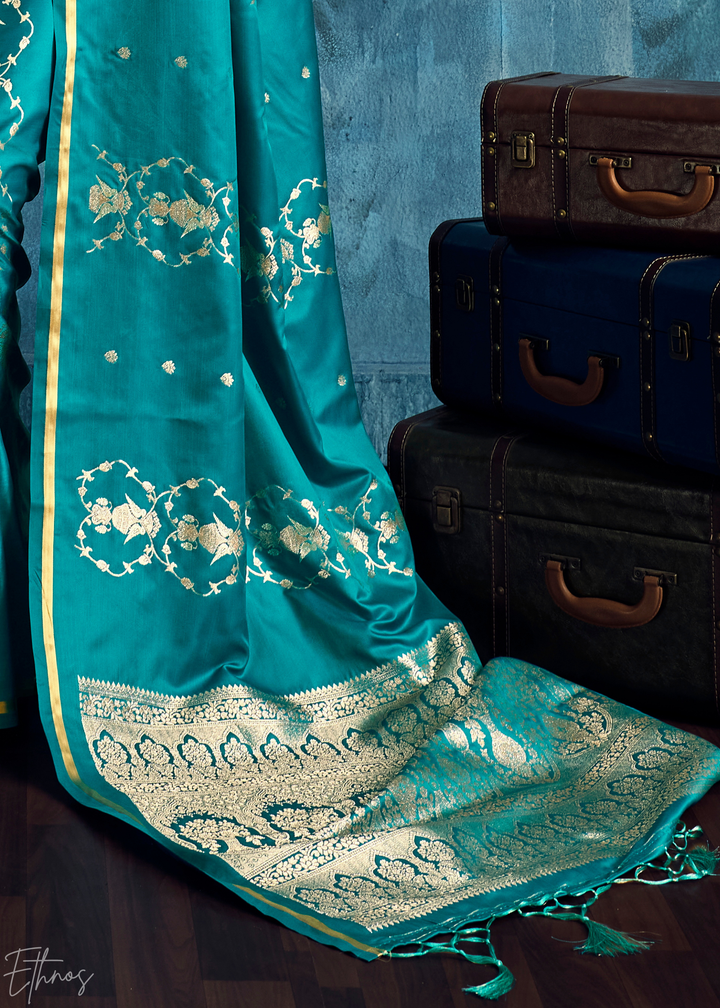 Teal Blue Floral Brocade Satin Silk Saree