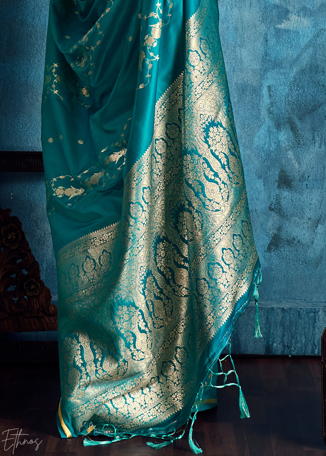 Teal Blue Floral Brocade Satin Silk Saree