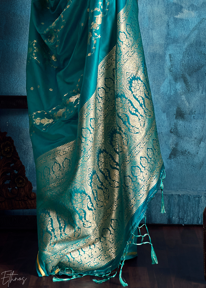 Teal Blue Floral Brocade Satin Silk Saree