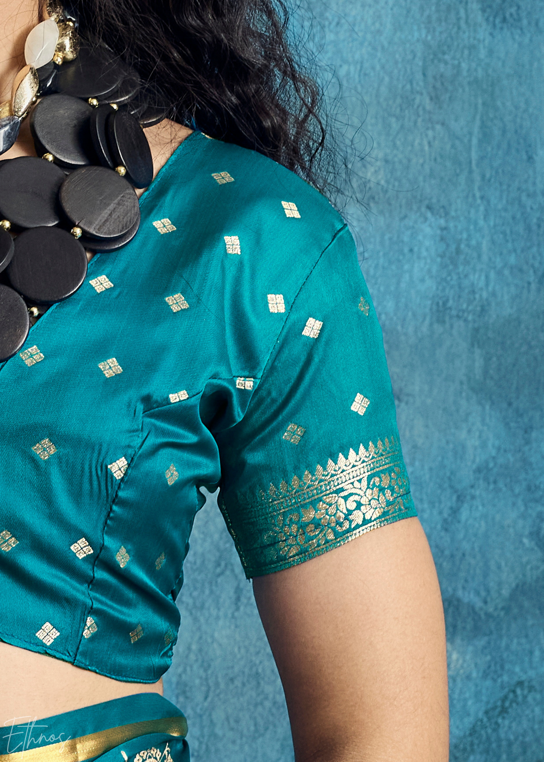 Teal Blue Floral Brocade Satin Silk Saree