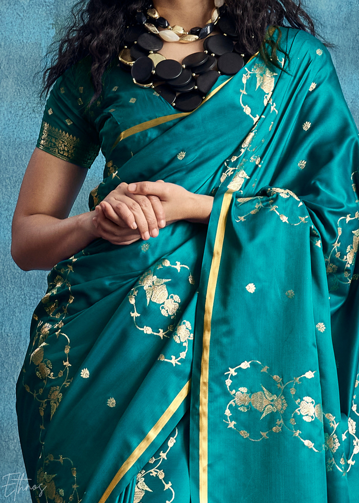 Teal Blue Floral Brocade Satin Silk Saree