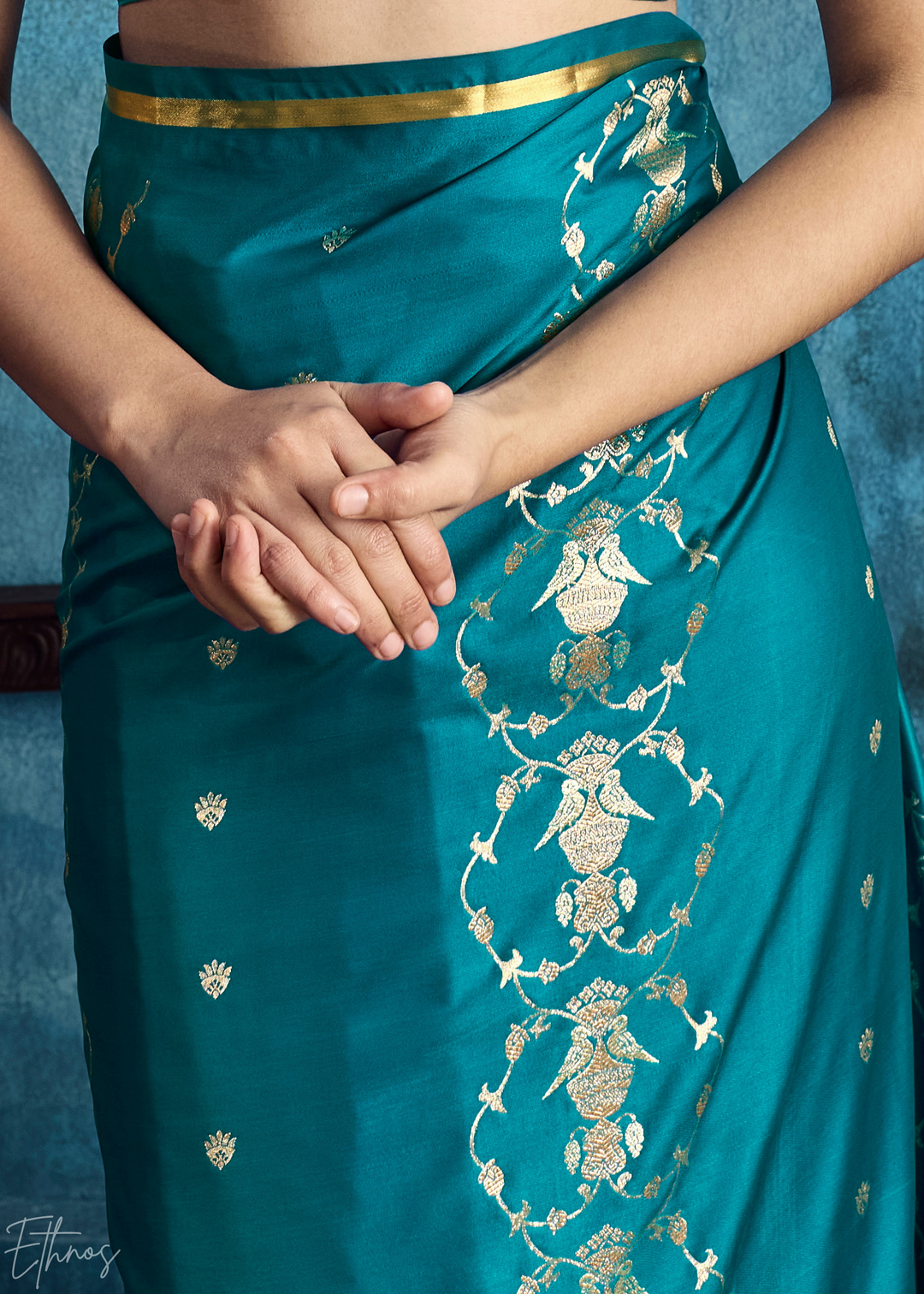 Teal Blue Floral Brocade Satin Silk Saree