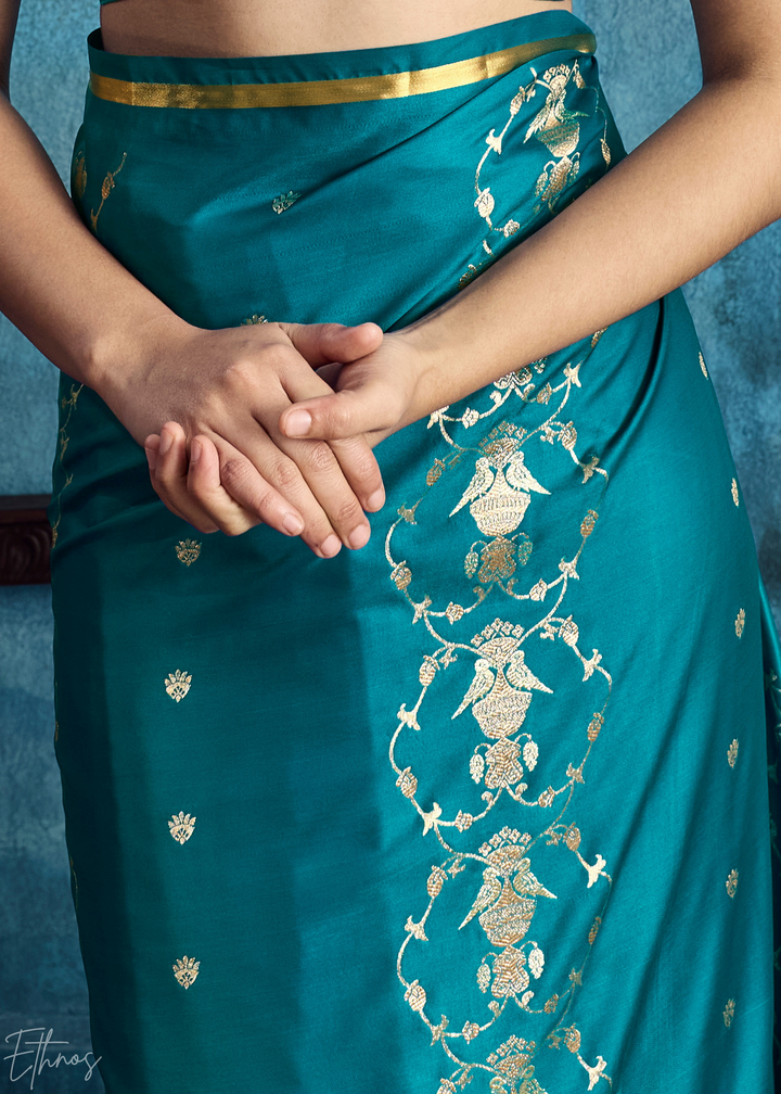Teal Blue Floral Brocade Satin Silk Saree