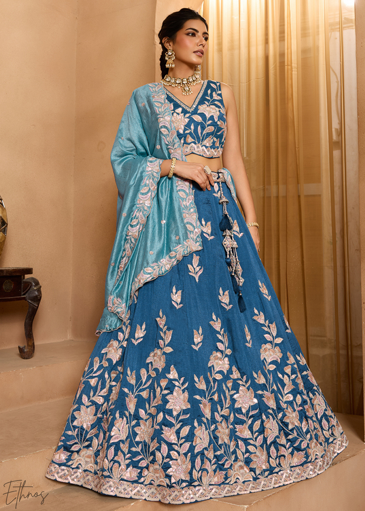 Teal Blue Floral Gota Embroidered Silk Lehenga Choli