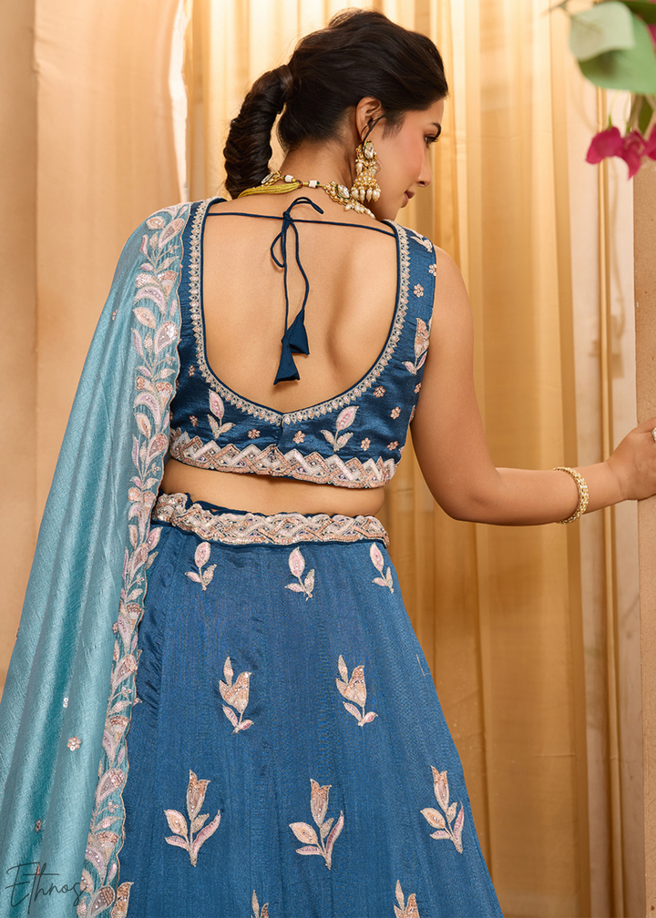 Teal Blue Floral Gota Embroidered Silk Lehenga Choli