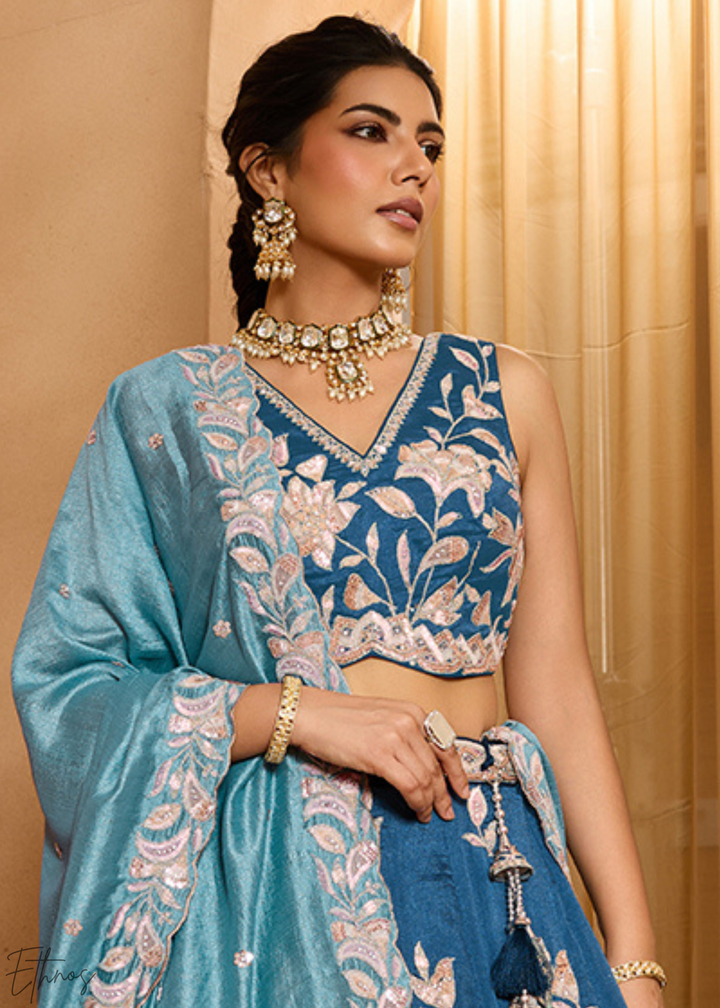 Teal Blue Floral Gota Embroidered Silk Lehenga Choli