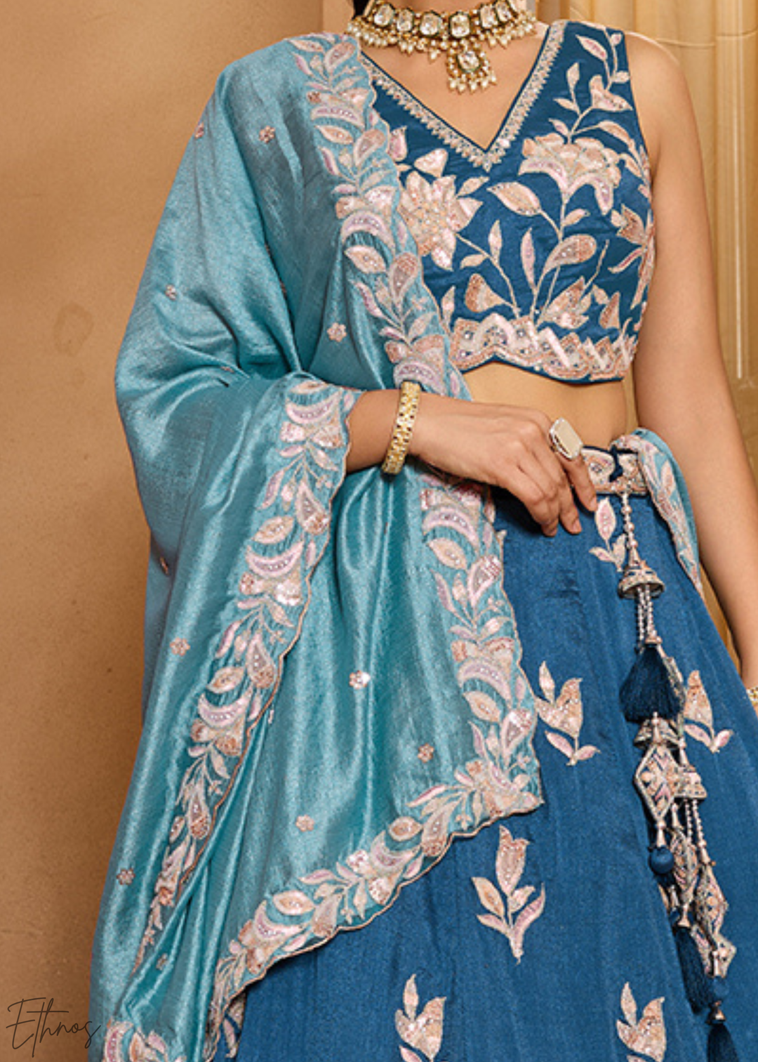 Teal Blue Floral Gota Embroidered Silk Lehenga Choli