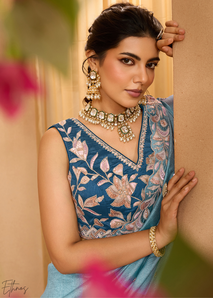 Teal Blue Floral Gota Embroidered Silk Lehenga Choli