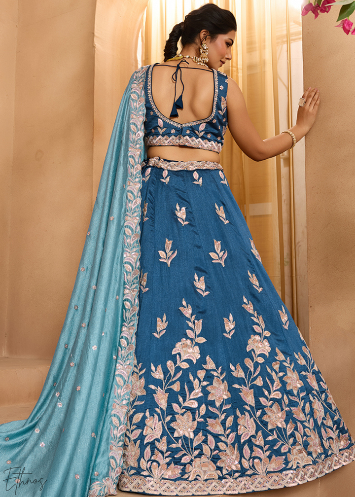 Teal Blue Floral Gota Embroidered Silk Lehenga Choli