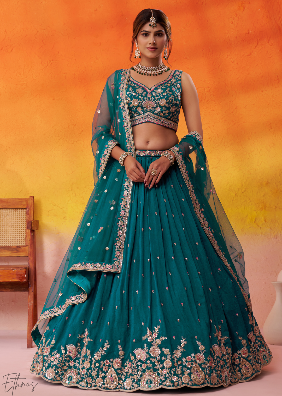 Teal Blue Floral Zari Embroidered Georgette Lehenga Choli