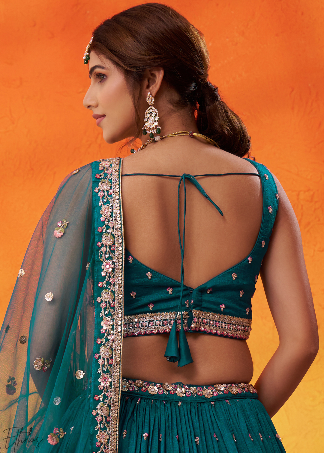Teal Blue Floral Zari Embroidered Georgette Lehenga Choli