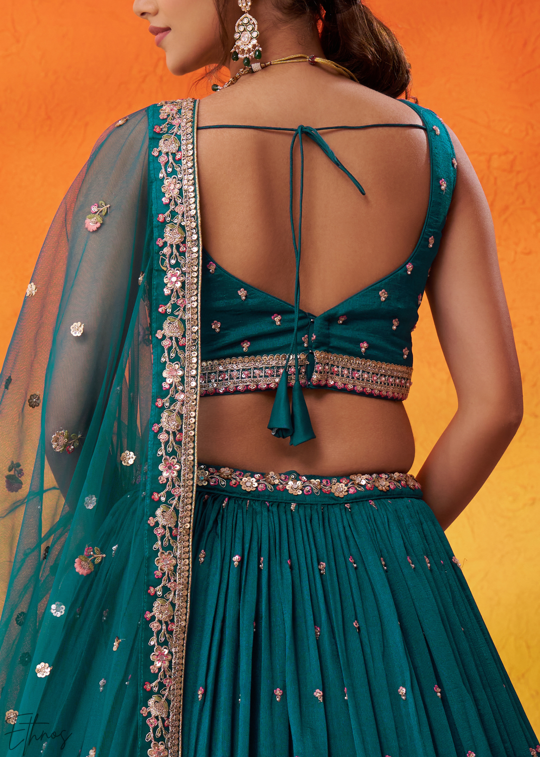 Teal Blue Floral Zari Embroidered Georgette Lehenga Choli