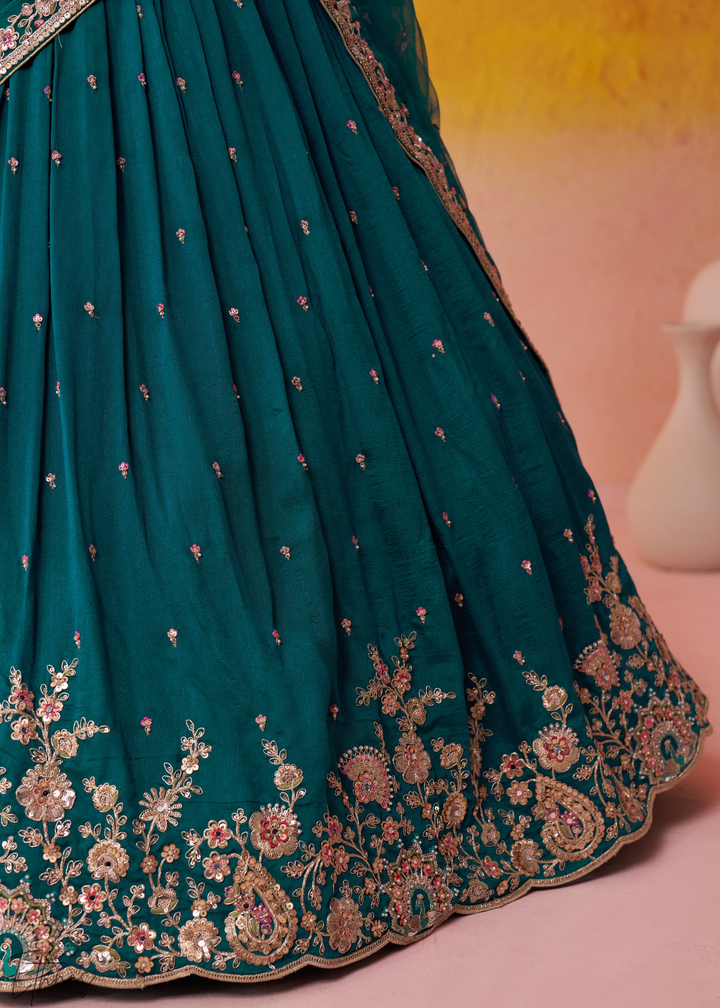 Teal Blue Floral Zari Embroidered Georgette Lehenga Choli