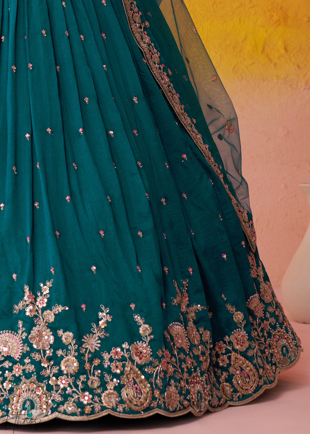 Teal Blue Floral Zari Embroidered Georgette Lehenga Choli