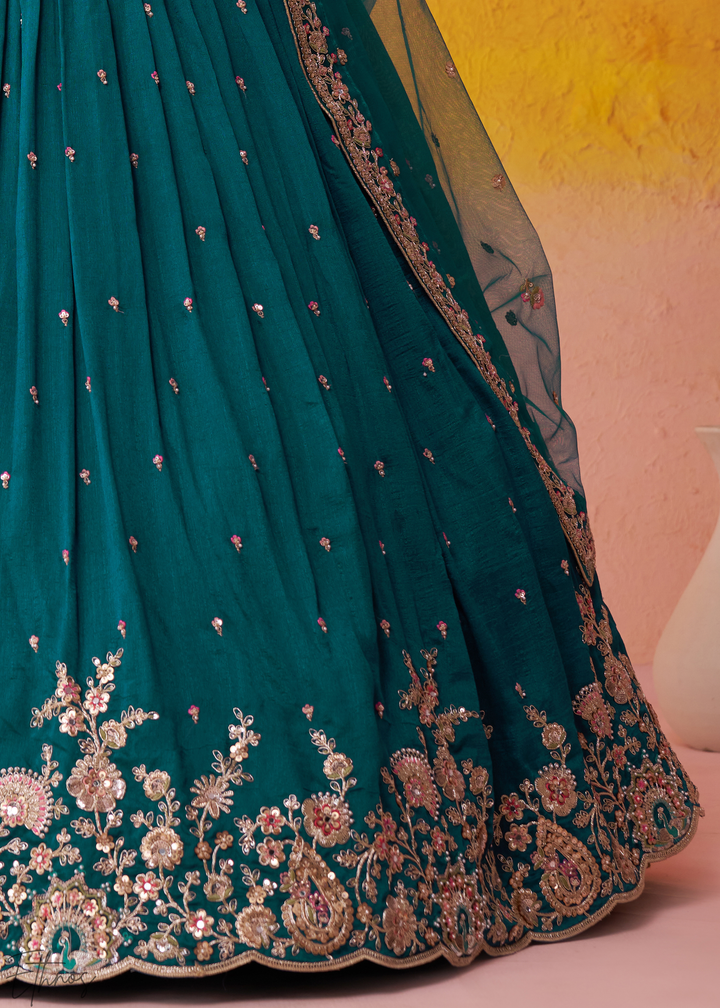 Teal Blue Floral Zari Embroidered Georgette Lehenga Choli