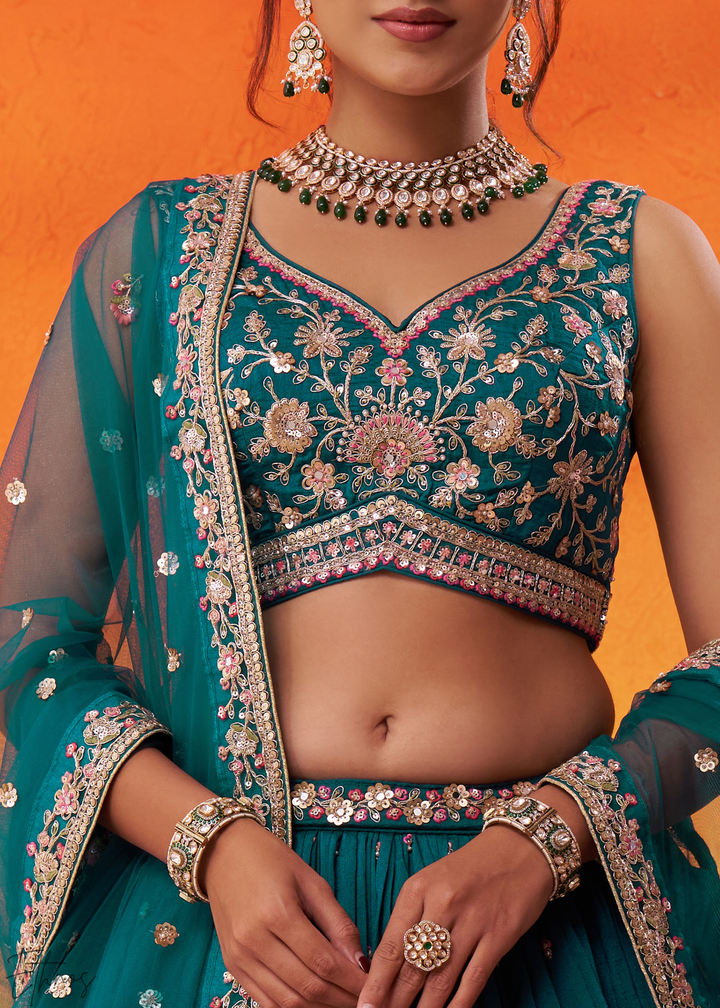 Teal Blue Floral Zari Embroidered Georgette Lehenga Choli