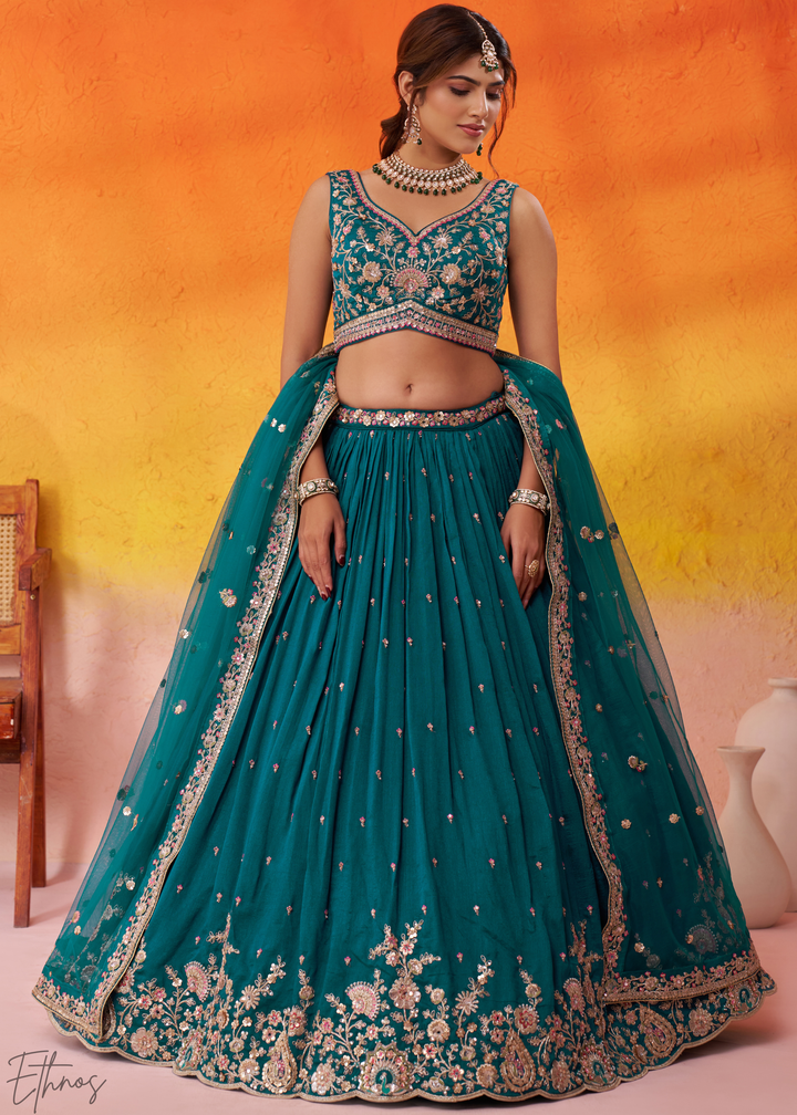 Teal Blue Floral Zari Embroidered Georgette Lehenga Choli