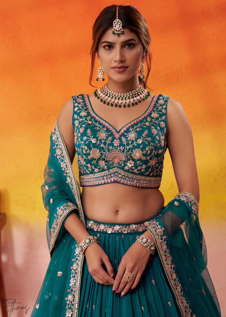 Teal Blue Floral Zari Embroidered Georgette Lehenga Choli