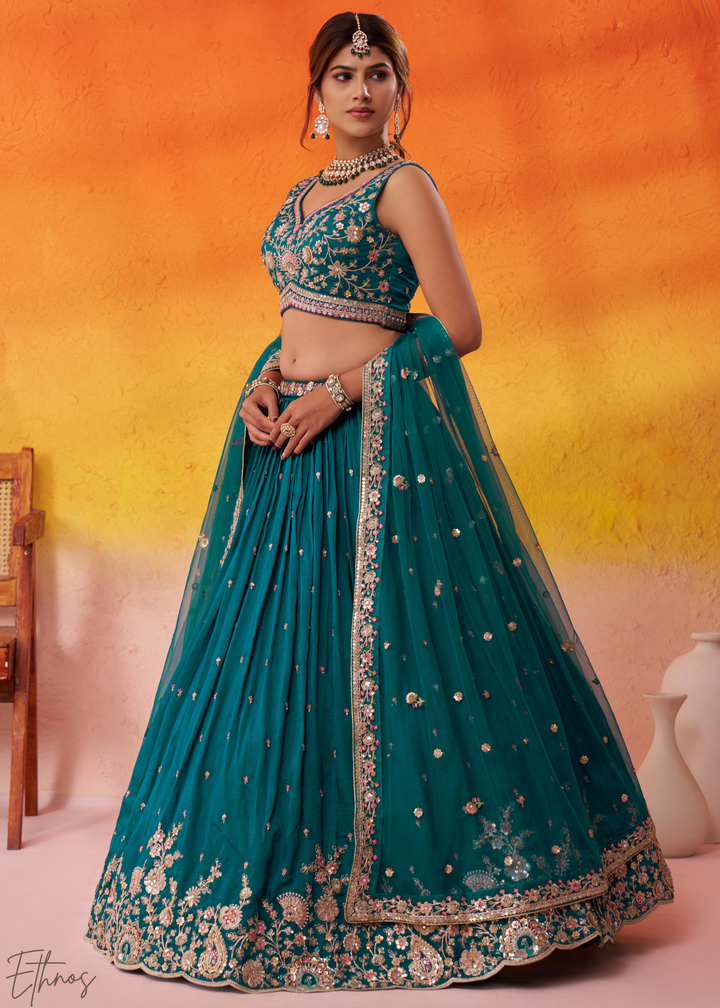 Teal Blue Floral Zari Embroidered Georgette Lehenga Choli