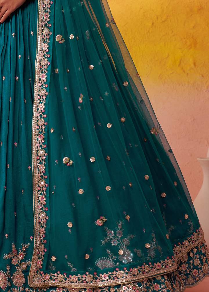 Teal Blue Floral Zari Embroidered Georgette Lehenga Choli