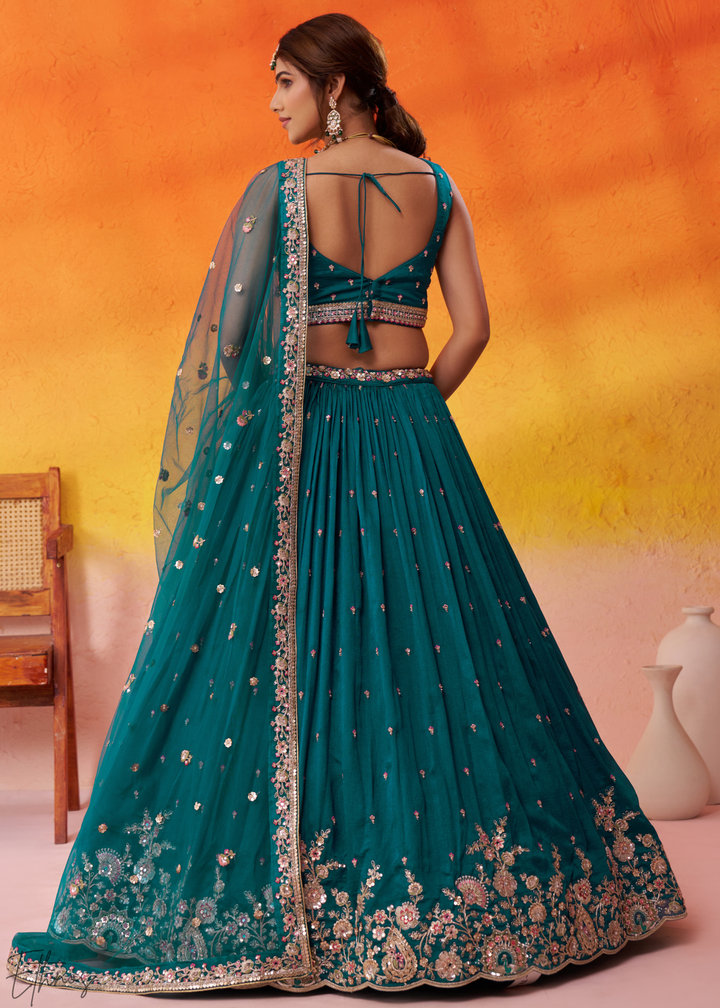 Teal Blue Floral Zari Embroidered Georgette Lehenga Choli