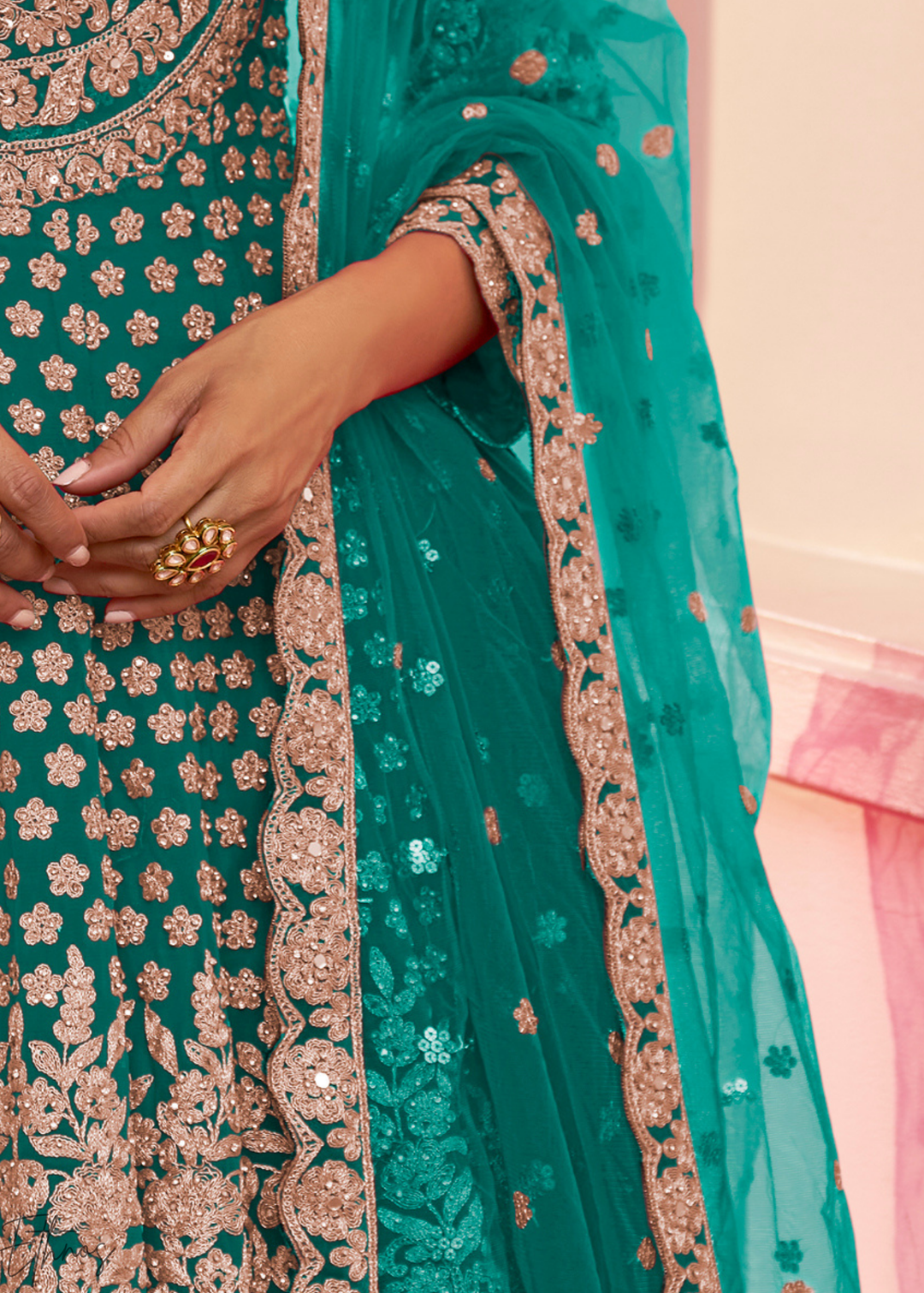 Teal Green Georgette Anarkali Lehenga Suit