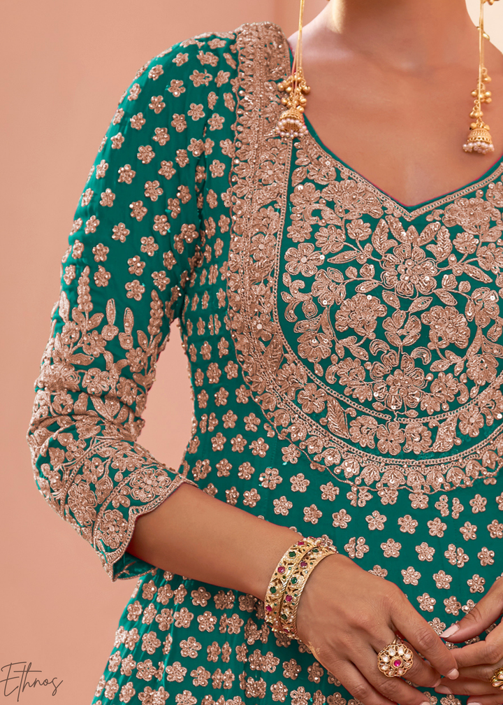 Teal Green Georgette Anarkali Lehenga Suit
