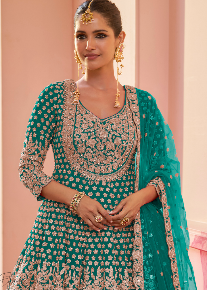 Teal Green Georgette Anarkali Lehenga Suit