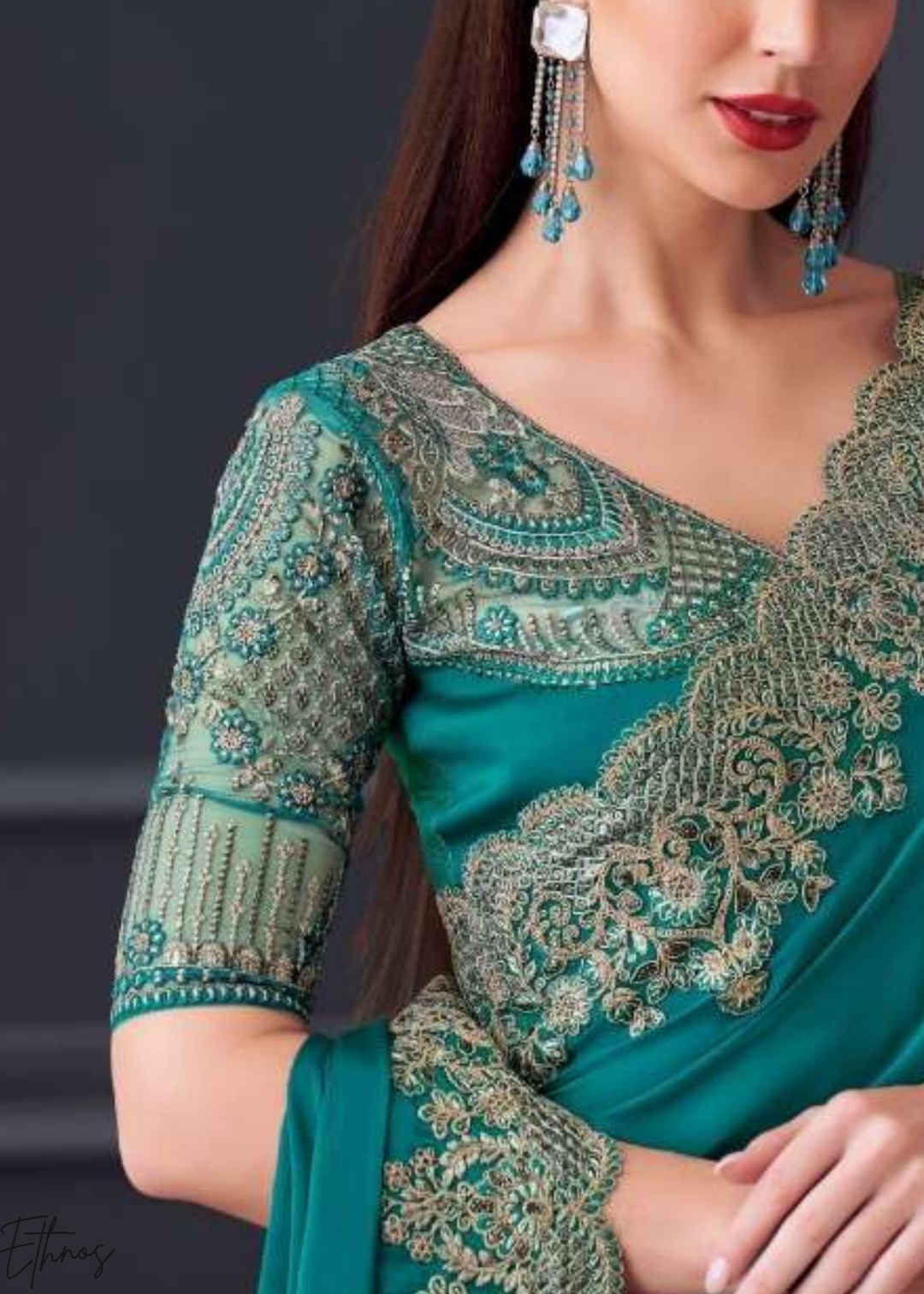 Teal Blue Heavy Border Embroidered Opium Silk Chiffon Saree