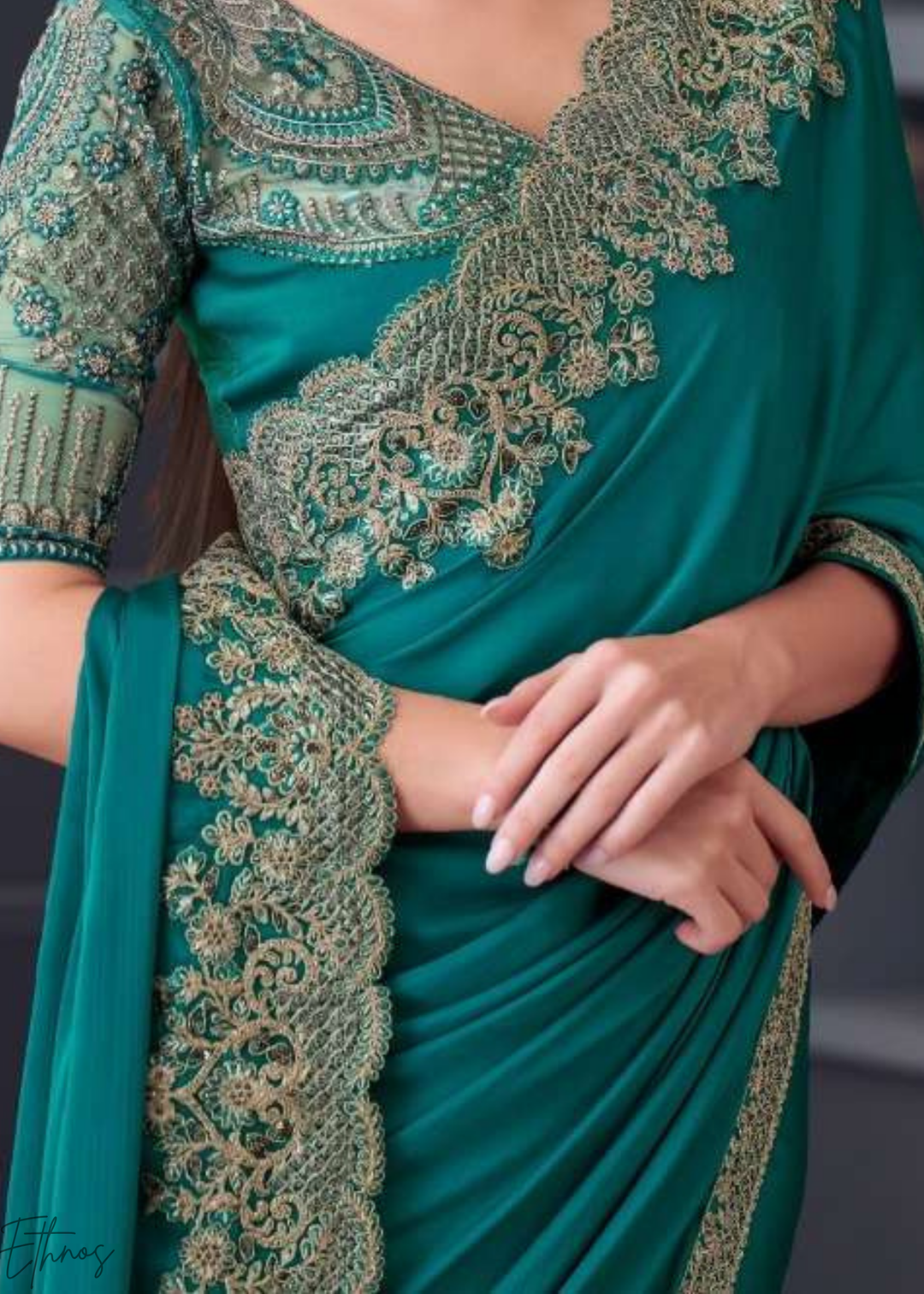 Teal Blue Heavy Border Embroidered Opium Silk Chiffon Saree