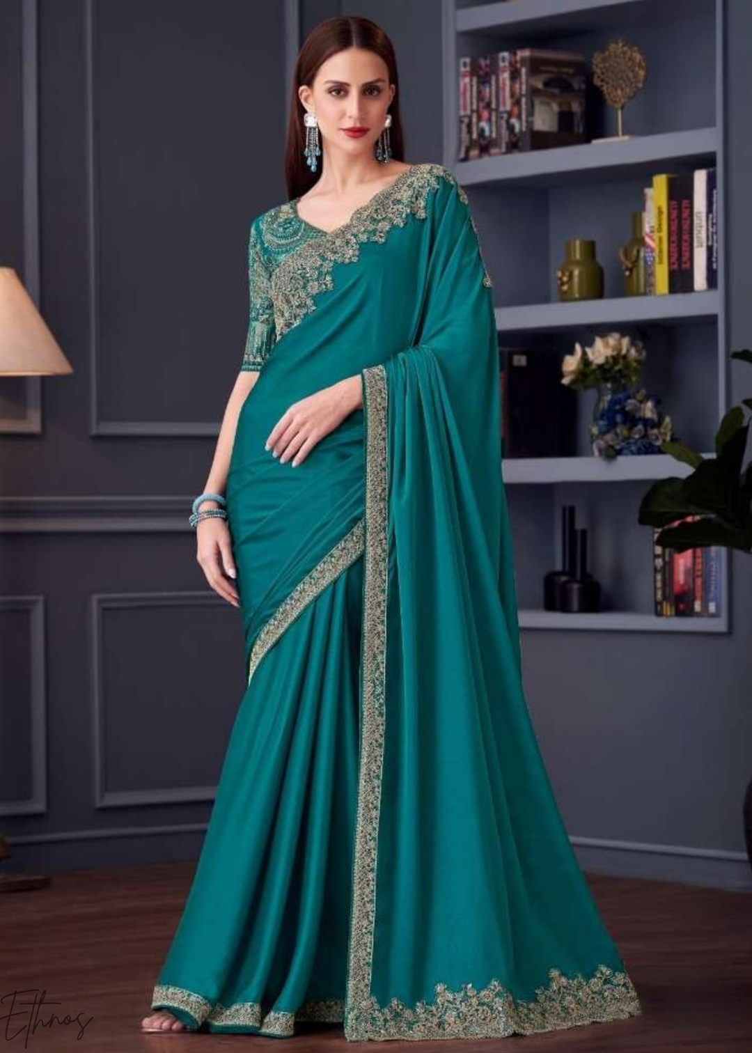 Teal Blue Heavy Border Embroidered Opium Silk Chiffon Saree