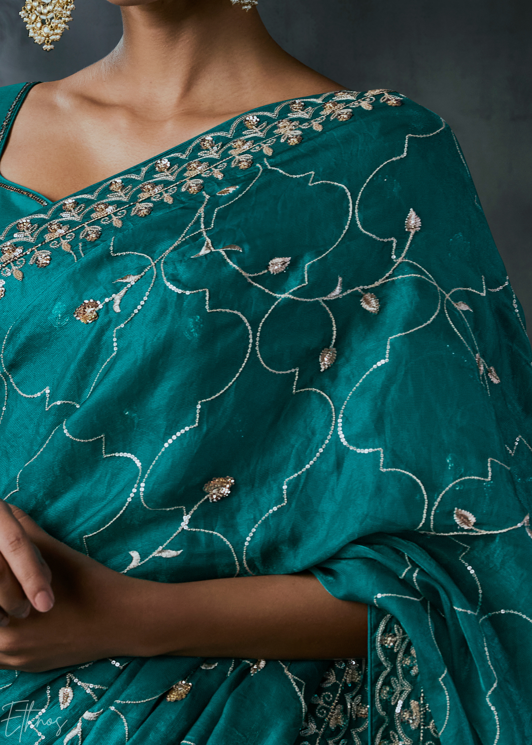 Teal Blue Intricate Border Organza Silk Saree