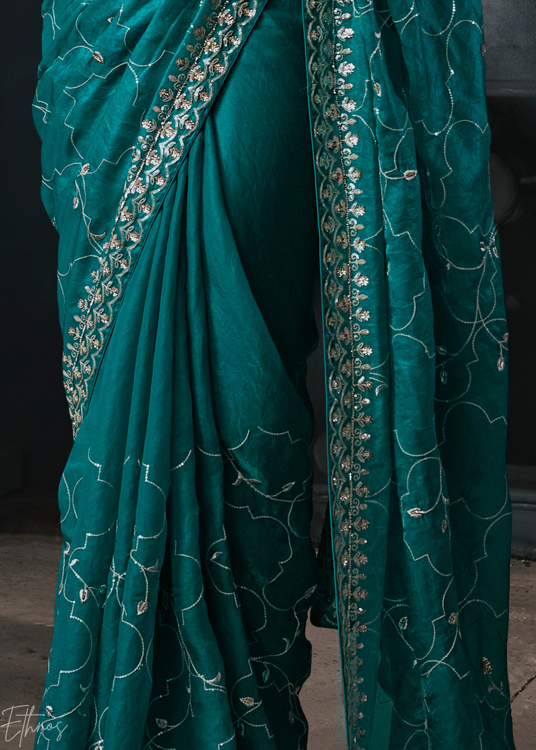 Teal Blue Intricate Border Organza Silk Saree