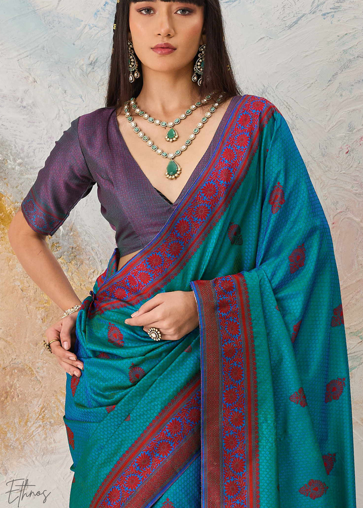 Teal Blue Jacquard Kanjivaram Silk Saree