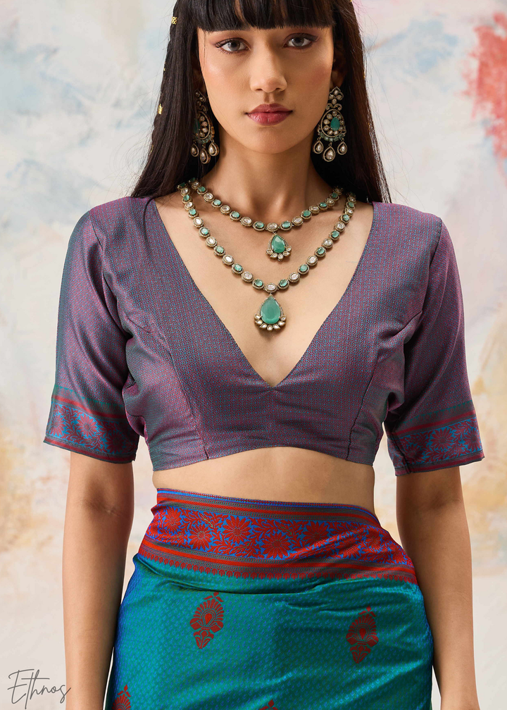 Teal Blue Jacquard Kanjivaram Silk Saree