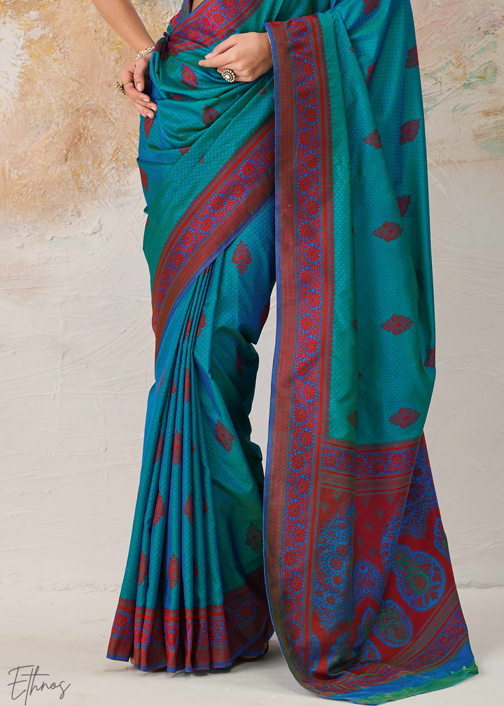 Teal Blue Jacquard Kanjivaram Silk Saree