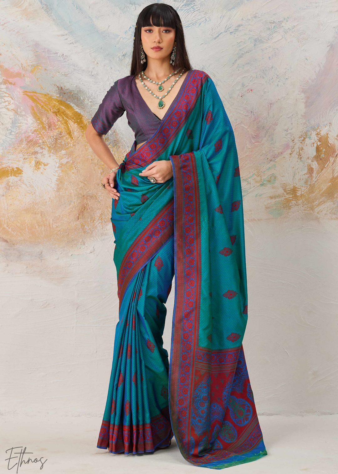 Teal Blue Jacquard Kanjivaram Silk Saree