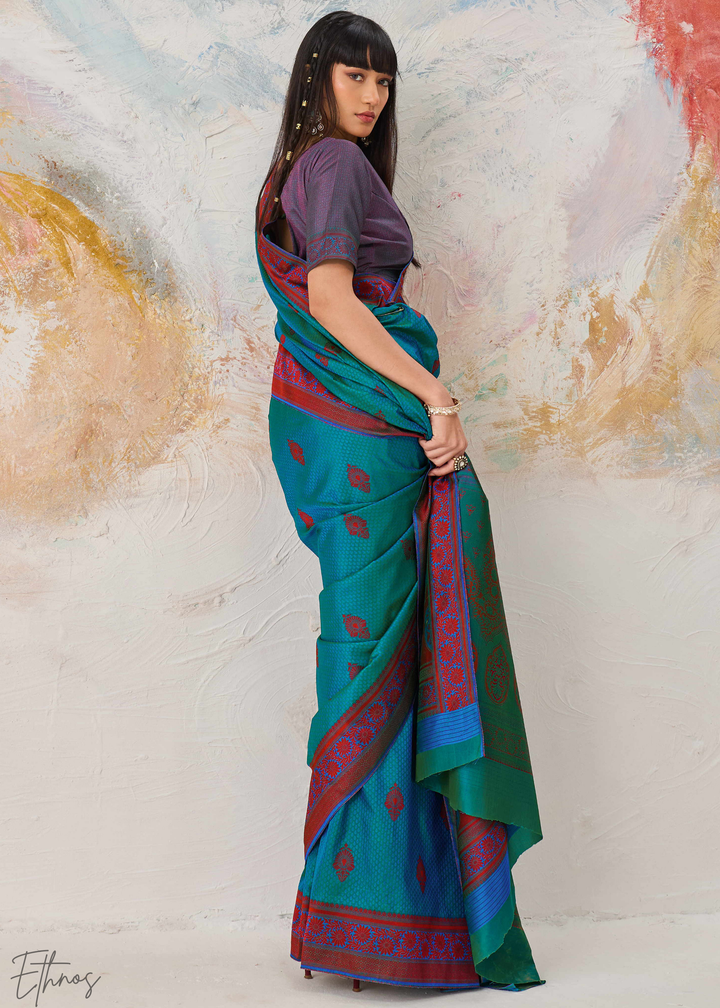 Teal Blue Jacquard Kanjivaram Silk Saree