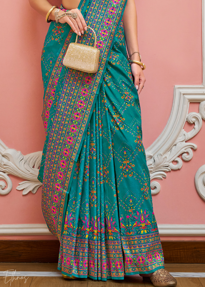 Teal Blue Kashmiri Silk Saree