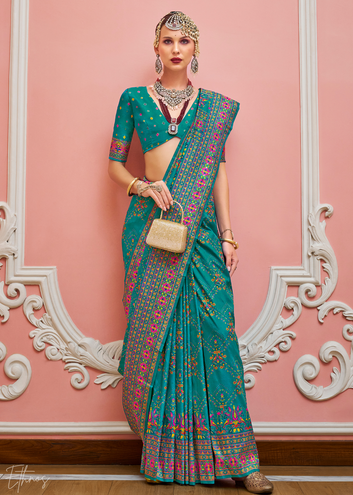 Teal Blue Kashmiri Silk Saree