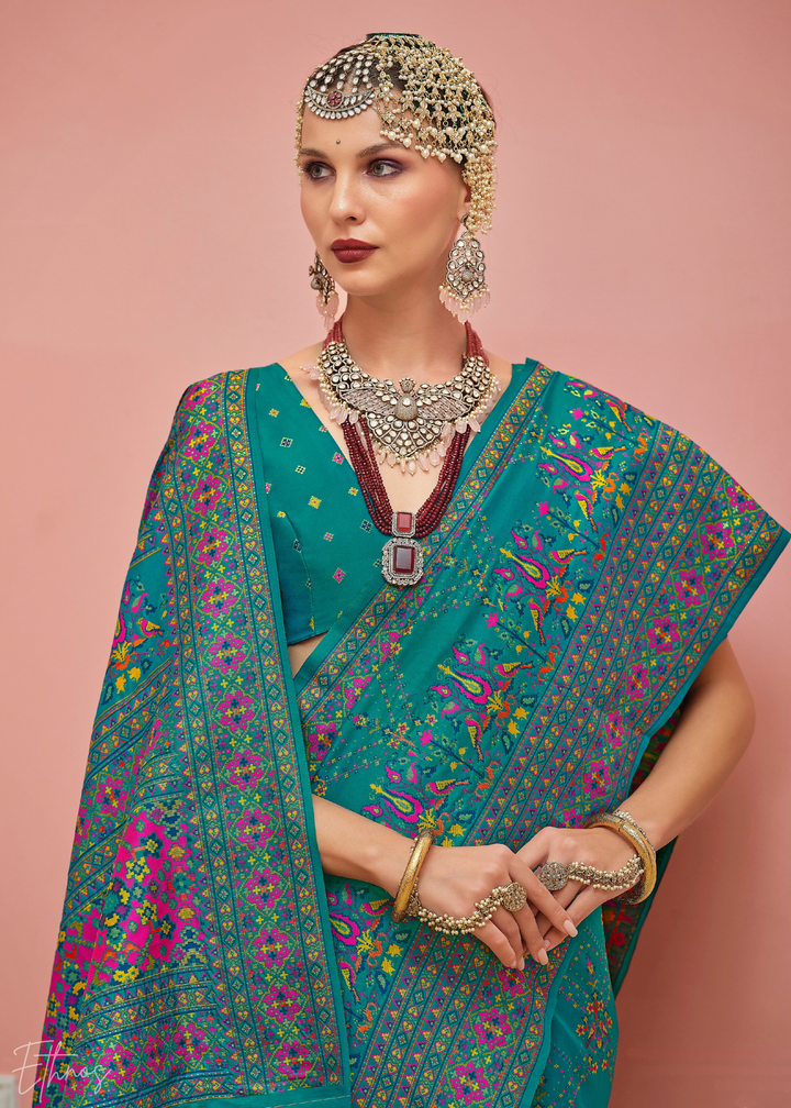 Teal Blue Kashmiri Silk Saree