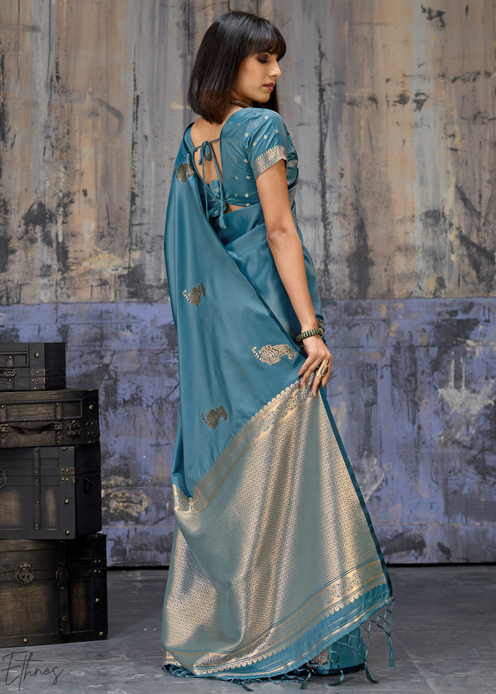 Teal Blue Majestic Feline Banarasi Satin Silk Saree