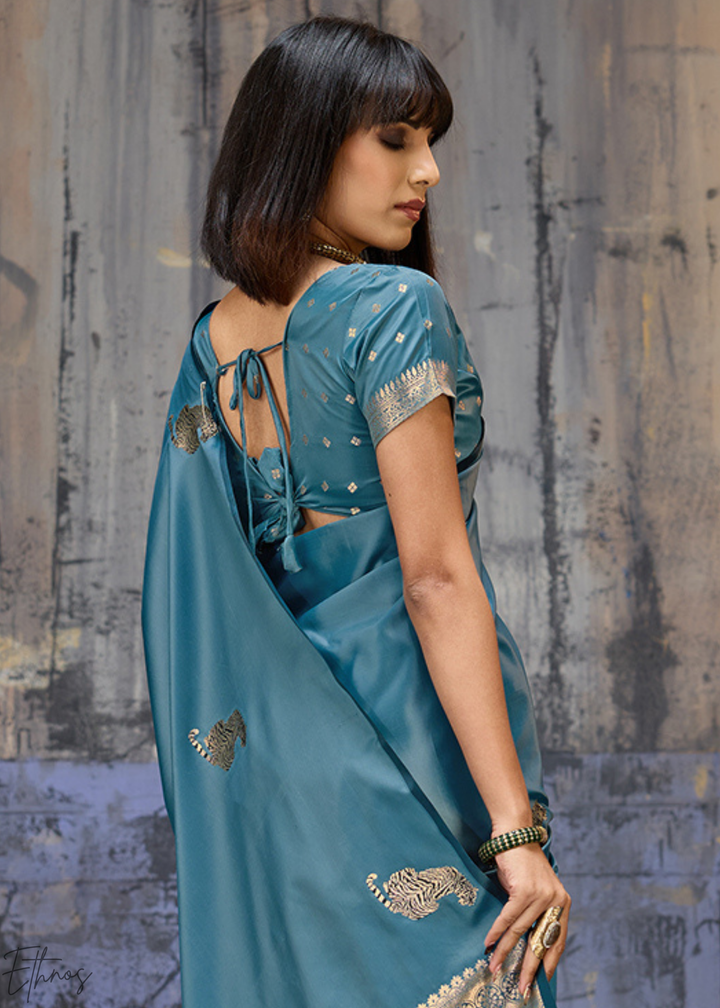 Teal Blue Majestic Feline Banarasi Satin Silk Saree