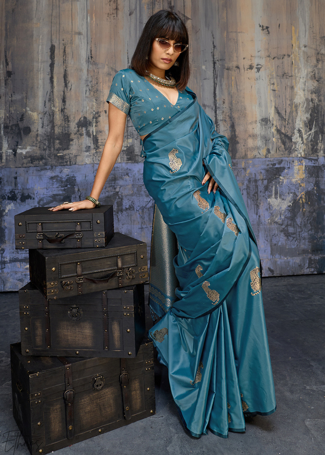 Teal Blue Majestic Feline Banarasi Satin Silk Saree