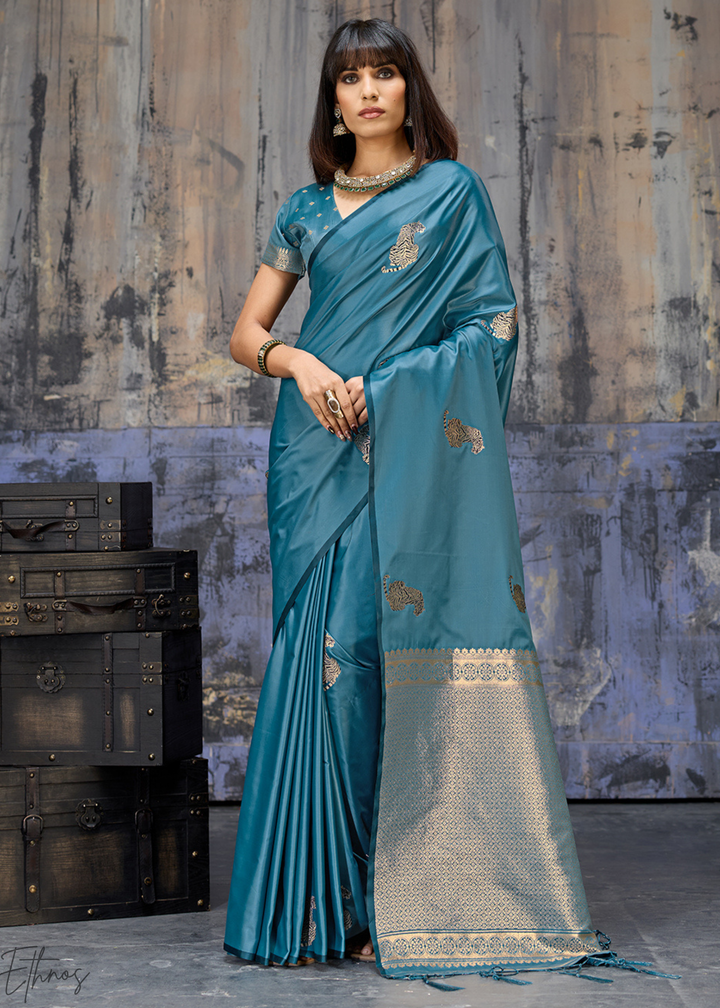 Teal Blue Majestic Feline Banarasi Satin Silk Saree