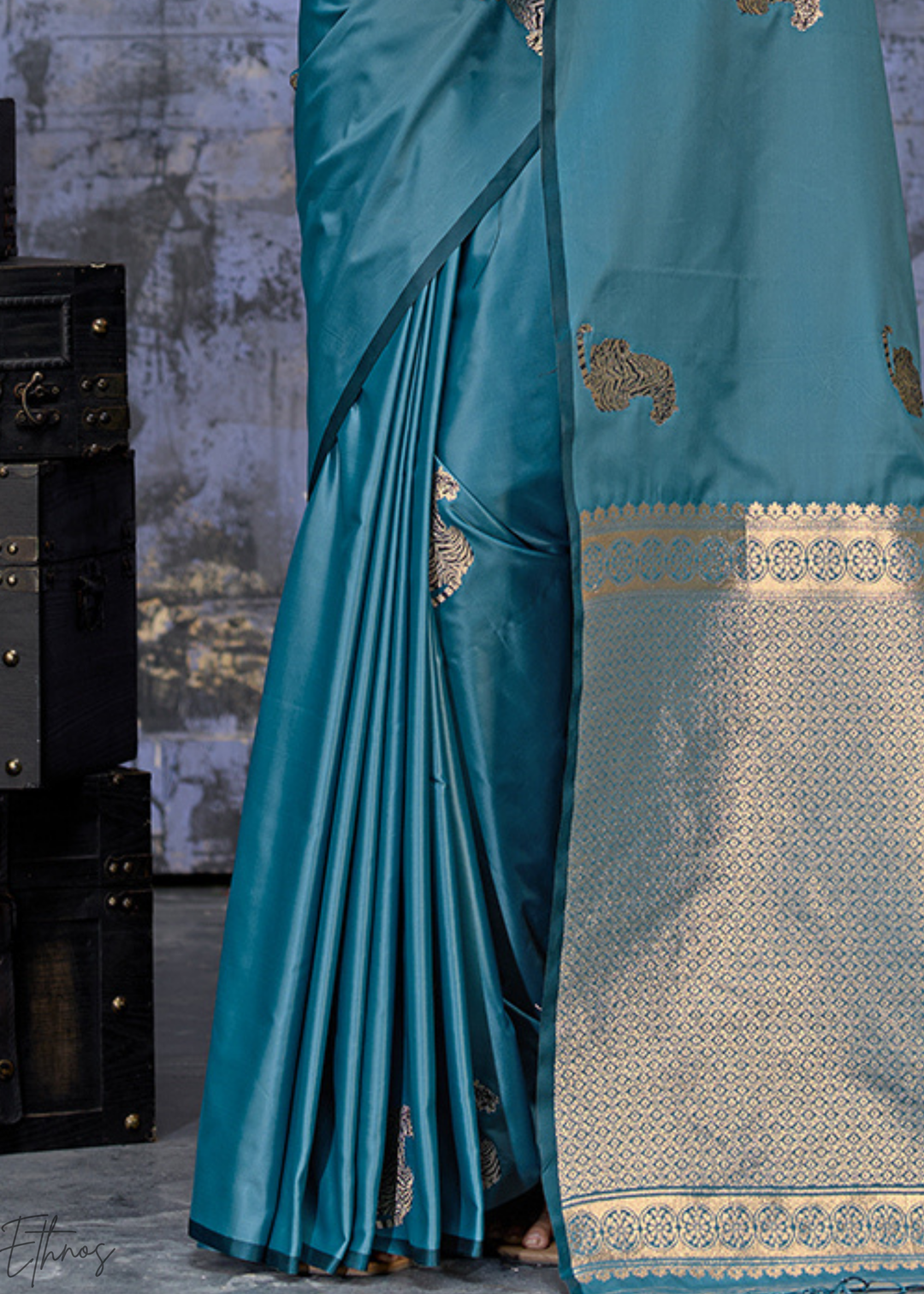 Teal Blue Majestic Feline Banarasi Satin Silk Saree